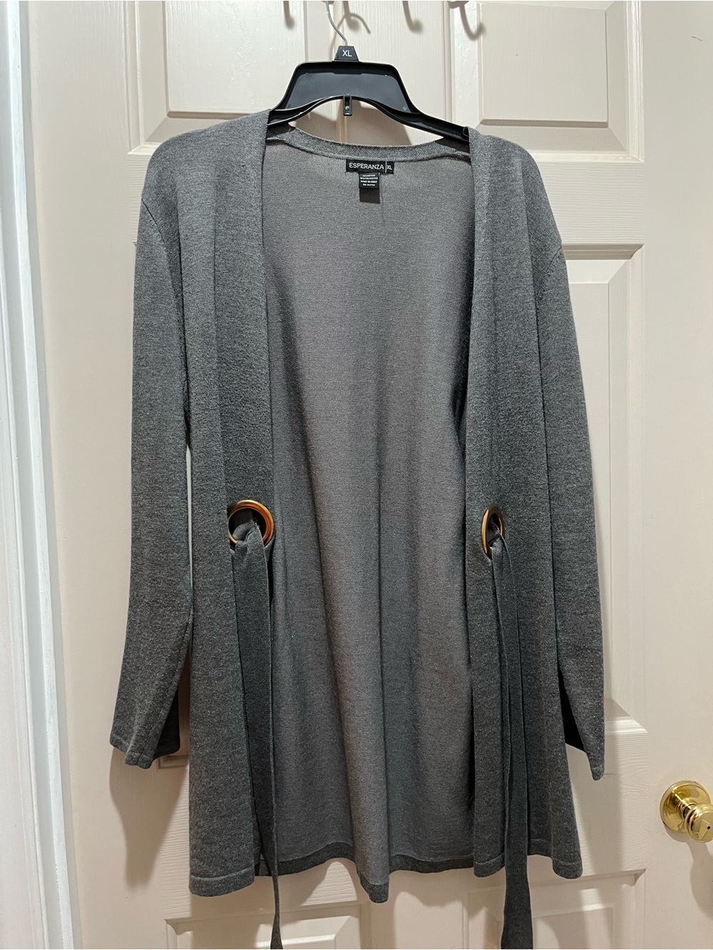 escapada Gray Knit Open-Front Cardigan with Ring Tie Detail